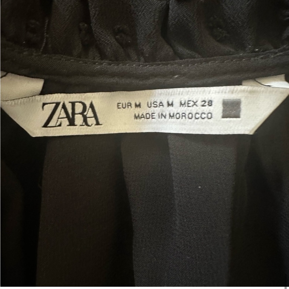 Zara Swiss Dot, Neck Ruffled, Sheer Sleeve, Mini Short Dress, Black, Size M - Picture 9 of 10